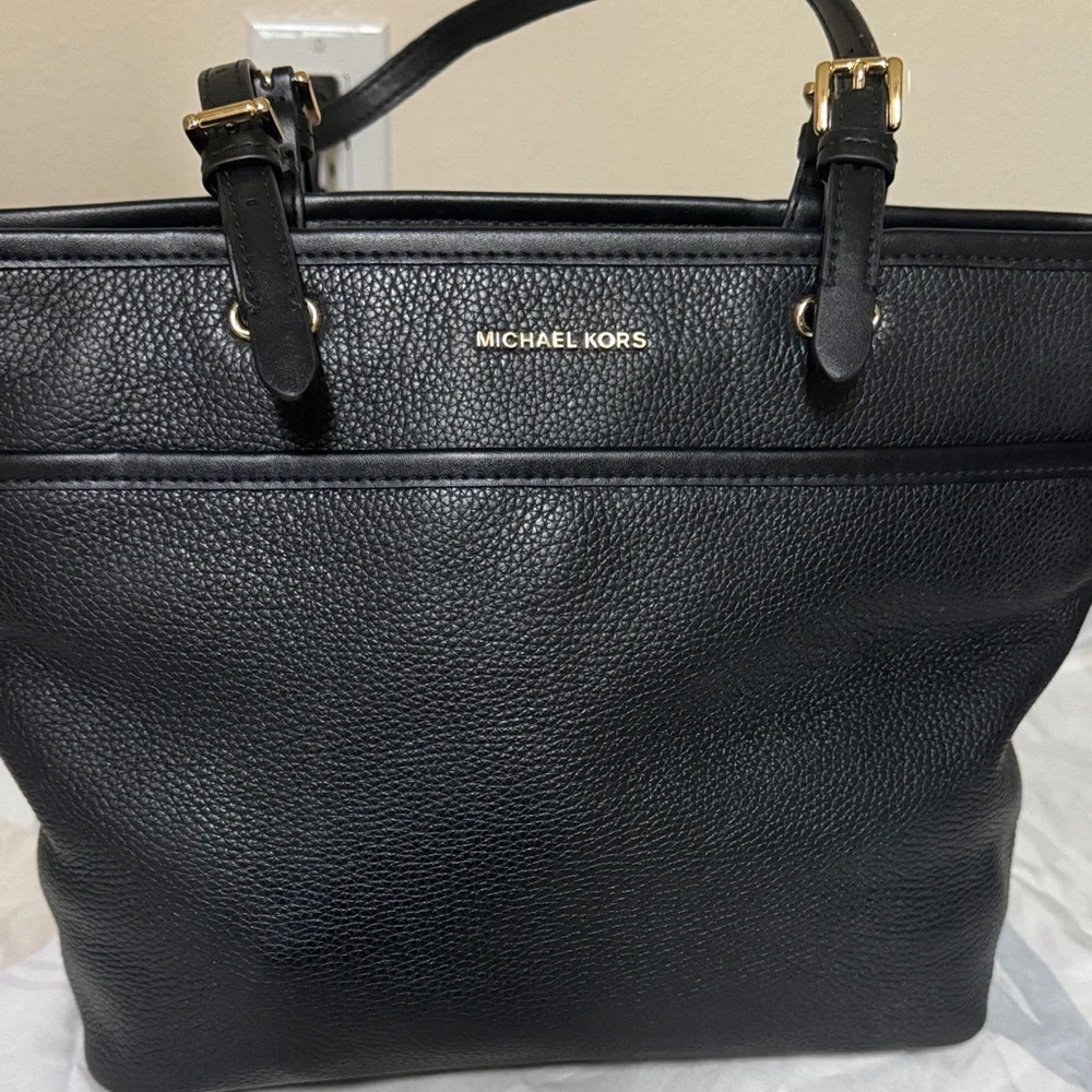 Michael Kors Black Pebbled Leather Shoulder Tote with Gold Hardware